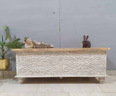 Indian Antique Tribal Hand Carved Wooden Blanket Box Whitewash 115x40x45Cm